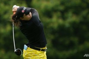 Ariya Jutanugarn of Thailand hits her tee shot on the third hole during the final round of the Kingsmill Championship