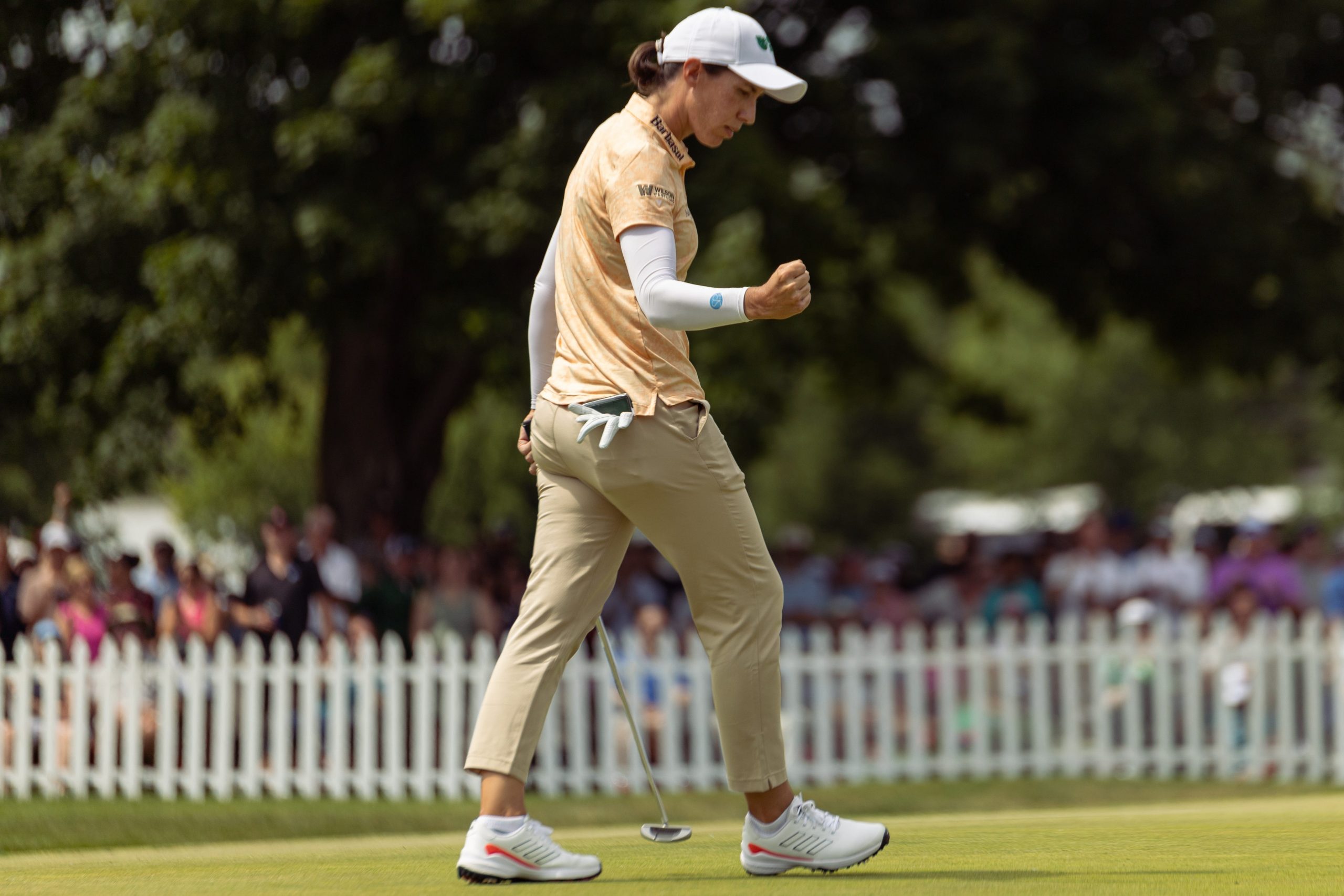 Carlota Ciganda gives a fist pump after finishing the 18th hole on the final day of the LPGA Classic in Grand Rapids.